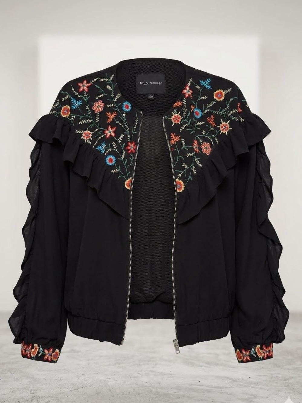 Black Embroidered Ruffle Zip Jacket - Women